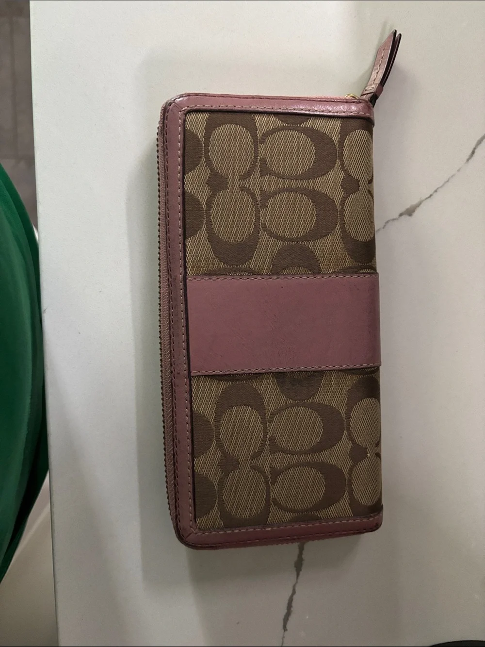 Coach Brown Signature Canvas Wallet with Pink Trim